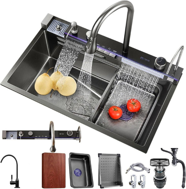Kitchen Sink with Double Waterfall & Piano Key Design Control Button